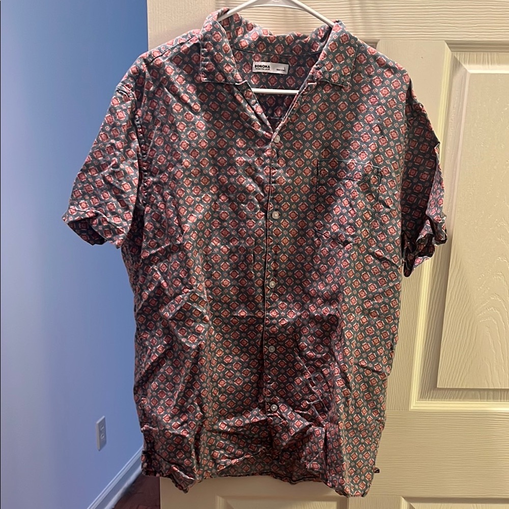 Sonoma Men's Casual Button Down Shirt - Red and Blue Pattern
